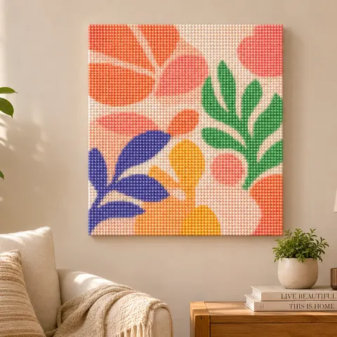 Cuadro de diamond painting terminado, colgado en la pared